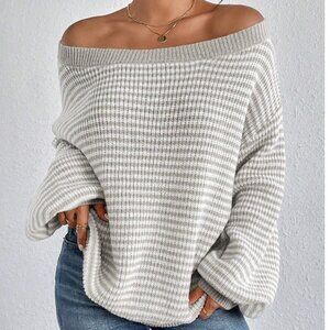 Striped Pattern Off Shoulder Lantern Sleeve Sweater